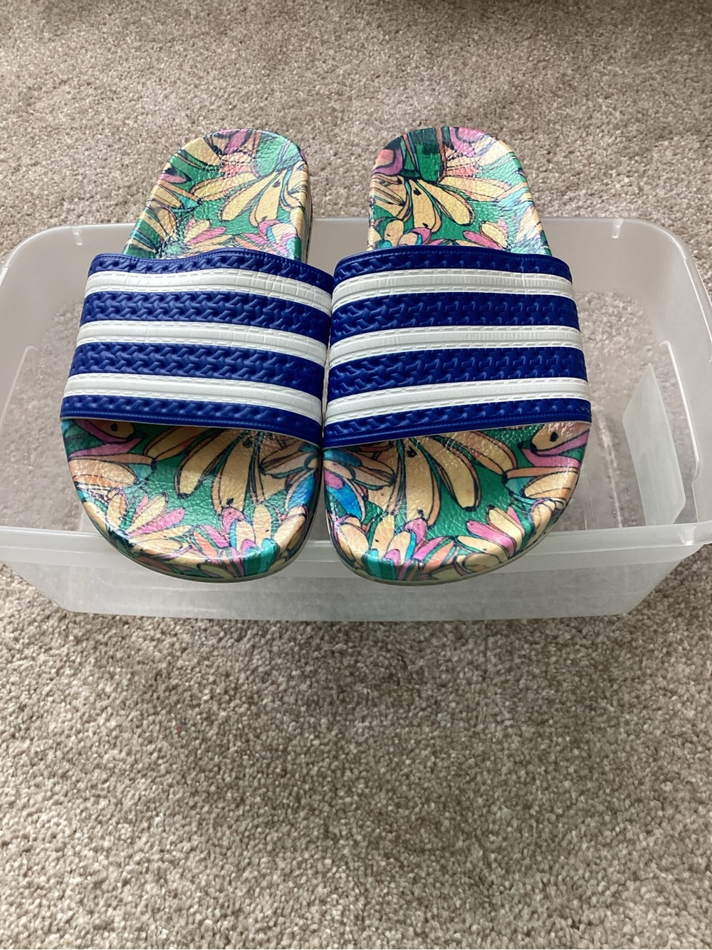 adidas Blue & White Women's Slide Sandals with Floral Footbed